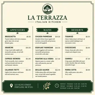 A restaurant menu layout with a logo header, three category 