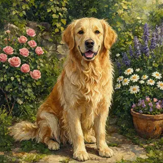 A golden retriever sitting in a garden, painted in the style