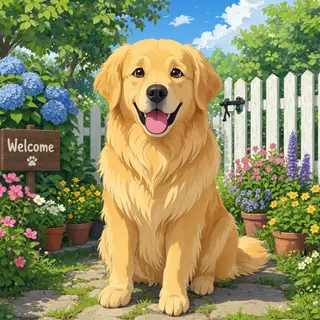A golden retriever sitting in a garden, rendered in Japanese