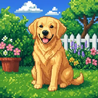 A golden retriever sitting in a garden, rendered in pixel ar