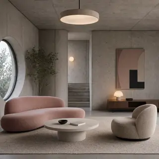 An interior scene rendered in soft brutalism — raw concrete 