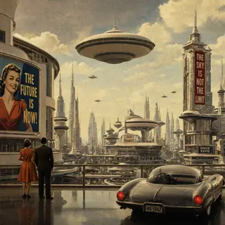 A cityscape rendered in nostalgic futurism — retro-futuristi