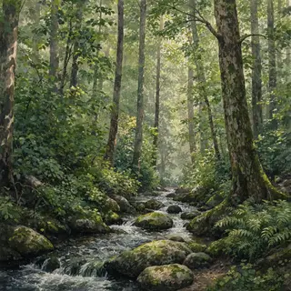 A forest rendered in photorealistic watercolor — the detail 