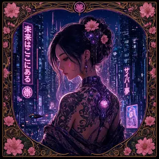 A woman in a futuristic city rendered in cyberpunk Art Nouve