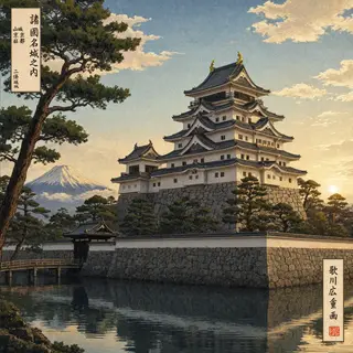 A medieval castle depicted in Japanese ukiyo-e woodblock pri