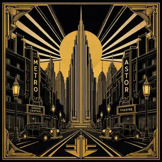 A city street scene in the style of Art Deco — geometric sha