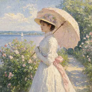 A woman with a parasol in the style of Impressionism — soft 