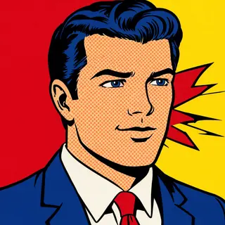 A portrait of a man in Pop Art style — bold outlines, Ben-Da
