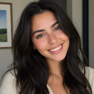 A close-up portrait of a young woman with a warm natural smi