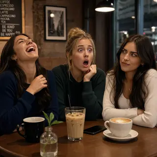 A group of three friends at a table: one laughing with head 