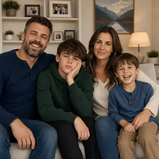 A family photo with four people: a father beaming with pride