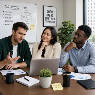 Three coworkers in a meeting: one looking frustrated with fu