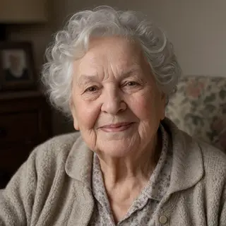 An elderly woman in her 80s with deep wrinkles and white hai