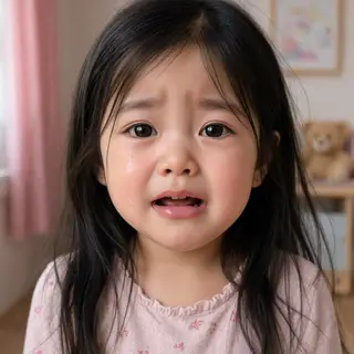 A 5-year-old child with round cheeks and large eyes, crying 
