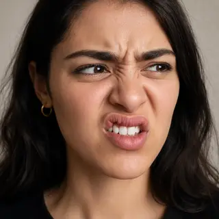 A close-up of a person's face showing clear disgust, nose wr