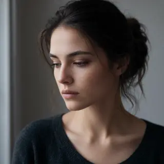 A face showing quiet melancholy — downcast eyes, slightly dr