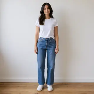 A woman standing upright in a relaxed pose, arms at her side