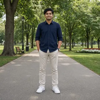 A person standing in a neutral pose in a park, full body vis
