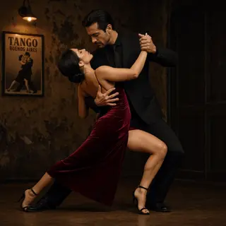 Two tango dancers in a close embrace, the man dipping the wo