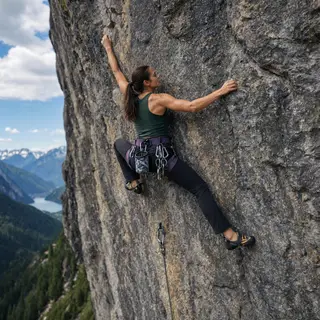 A rock climber clinging to a cliff face with arms and legs e
