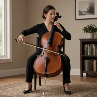 A cellist seated with correct posture, legs around the instr