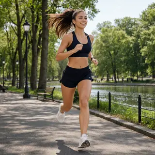 A woman mid-stride running through a park, hair and clothes 