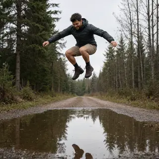 A man captured mid-jump over a puddle, body in the air with 