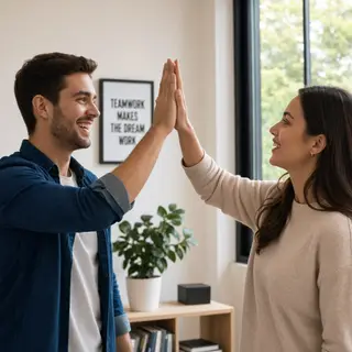 Two people doing a high-five, palms meeting with all fingers