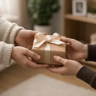 One person handing a small gift box to another person, both 