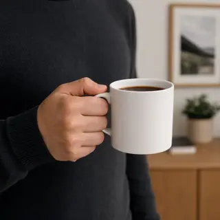 A person holding a white ceramic coffee mug by the handle wi