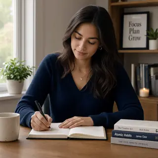 A woman writing in a notebook with a pen gripped correctly i