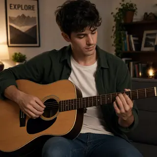 A person playing an acoustic guitar with left hand on the fr