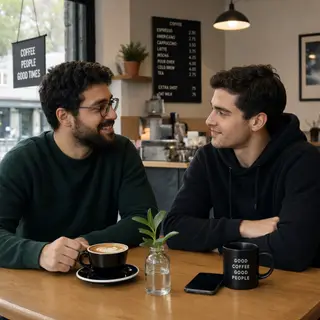 Two men at a cafe: one with a beard and glasses wearing a gr