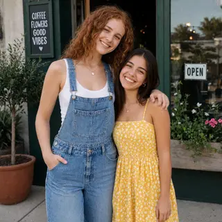 Two friends posing: one tall with curly red hair in denim ov
