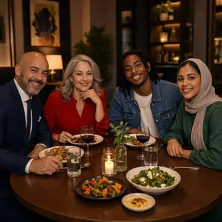 Four people at a dinner table: a bald man in a suit, a woman