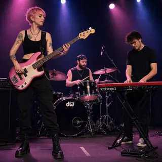 Three musicians on stage: a tall woman with short pink hair 