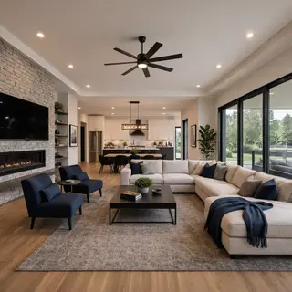 A wide-angle shot of a modern living room interior showing e