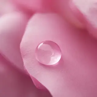 A close-up macro shot of a single dewdrop on a rose petal, s