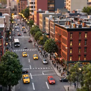 A tilt-shift photograph of a city street making real-life lo