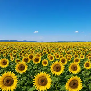 A field of pure sunflower yellow flowers under a clear blue 