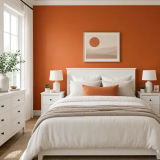 A bedroom wall painted in #FF6B35 (burnt orange) with white 
