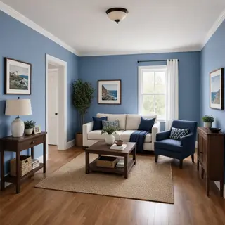 A room with walls in #4A90D9 (medium blue) with warm wooden 