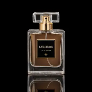 A clear glass perfume bottle on a reflective black surface w