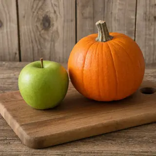 A green apple and an orange pumpkin on a wooden cutting boar