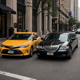 A yellow taxi and a black limousine parked next to each othe