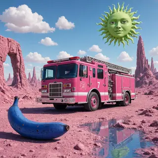 A pink fire truck, a blue banana, and a green sun in a surre