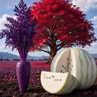 A purple carrot, a red tree with red leaves, and a white wat