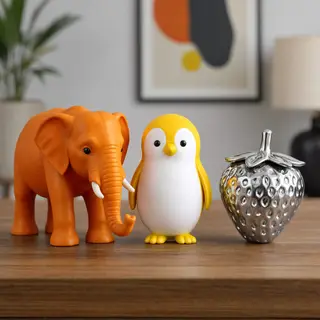 An orange elephant, a yellow penguin, and a silver strawberr
