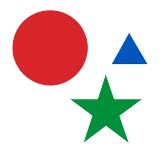 A large red circle, a small blue triangle, and a medium gree