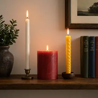 A tall thin white candle, a short fat red candle, and a medi